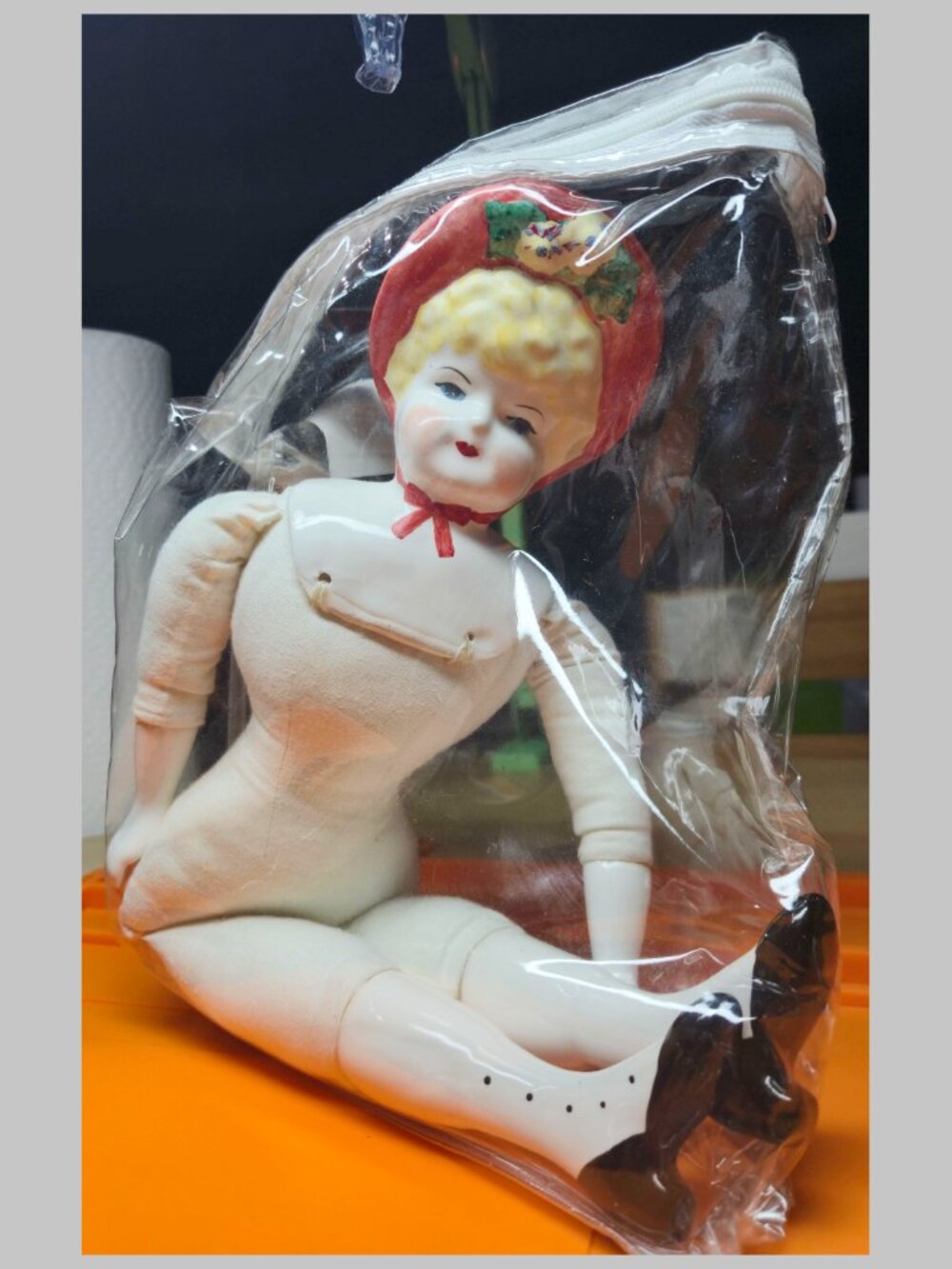 Vintage Doll Glazed hand-painted porcelain head, arms, legs blonde hair, boots